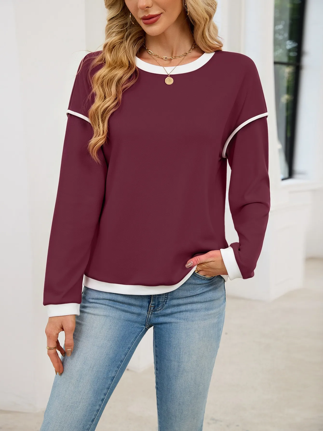 Casual Crew Neck Hoodie Loose Fit American and European Style with Long Sleeve Patchwork Regular Length Pullover for Women