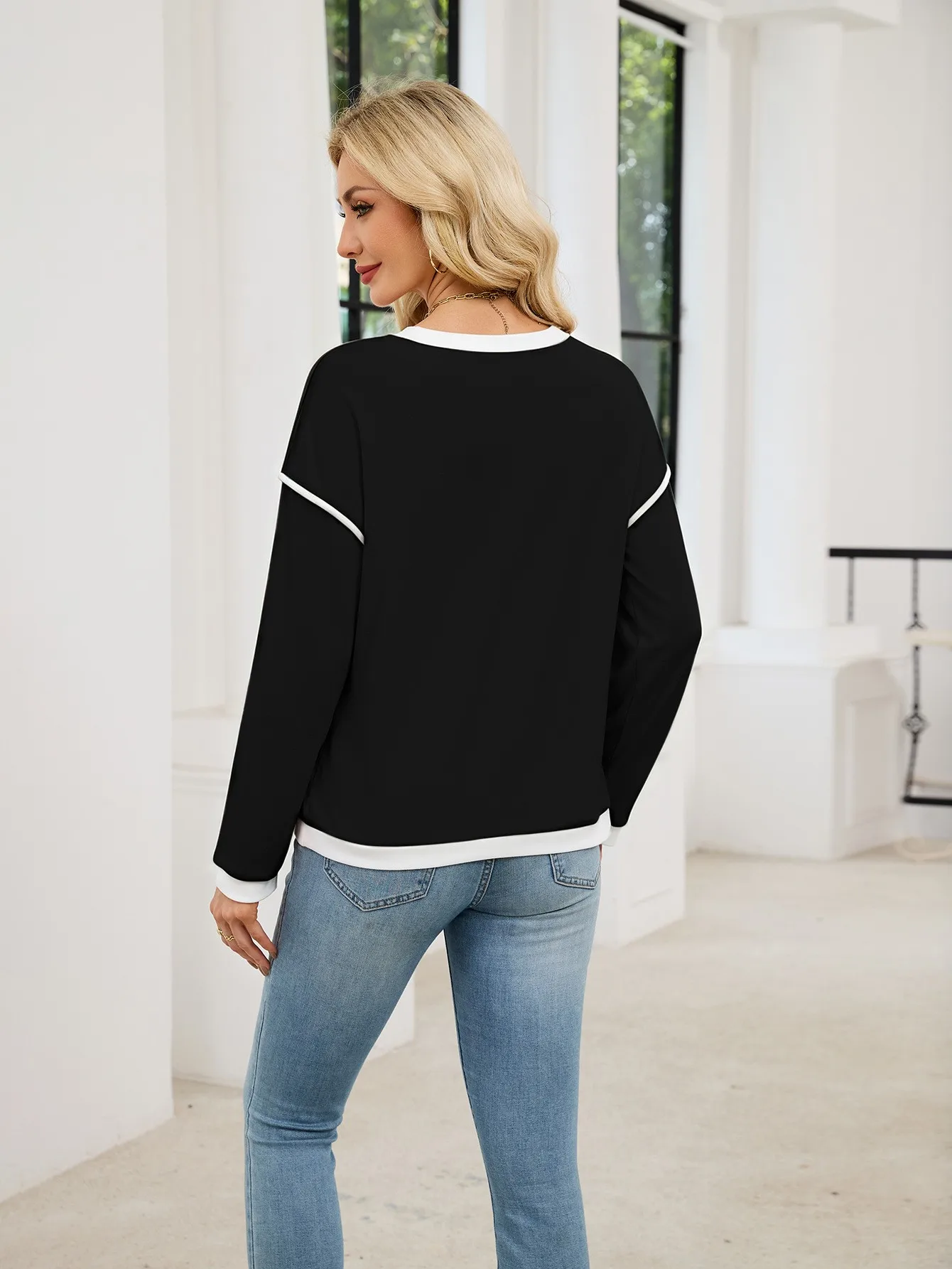 Casual Crew Neck Hoodie Loose Fit American and European Style with Long Sleeve Patchwork Regular Length Pullover for Women