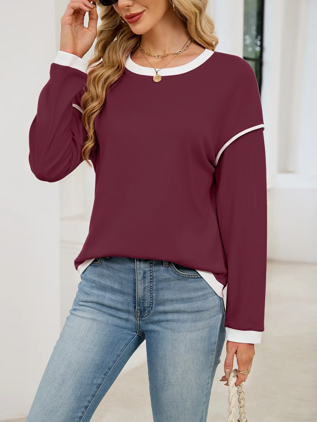 Casual Crew Neck Hoodie Loose Fit American and European Style with Long Sleeve Patchwork Regular Length Pullover for Women