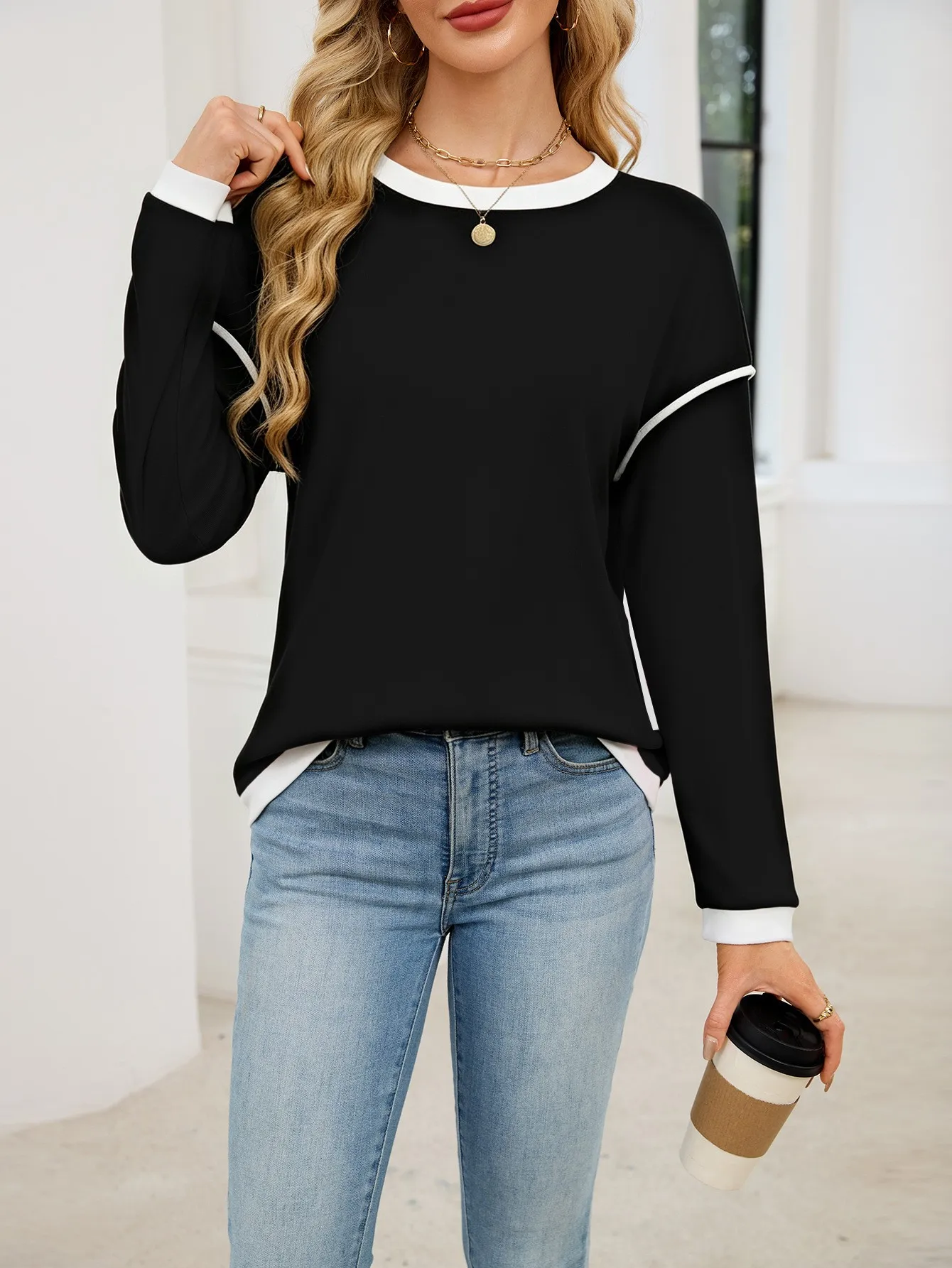 Casual Crew Neck Hoodie Loose Fit American and European Style with Long Sleeve Patchwork Regular Length Pullover for Women