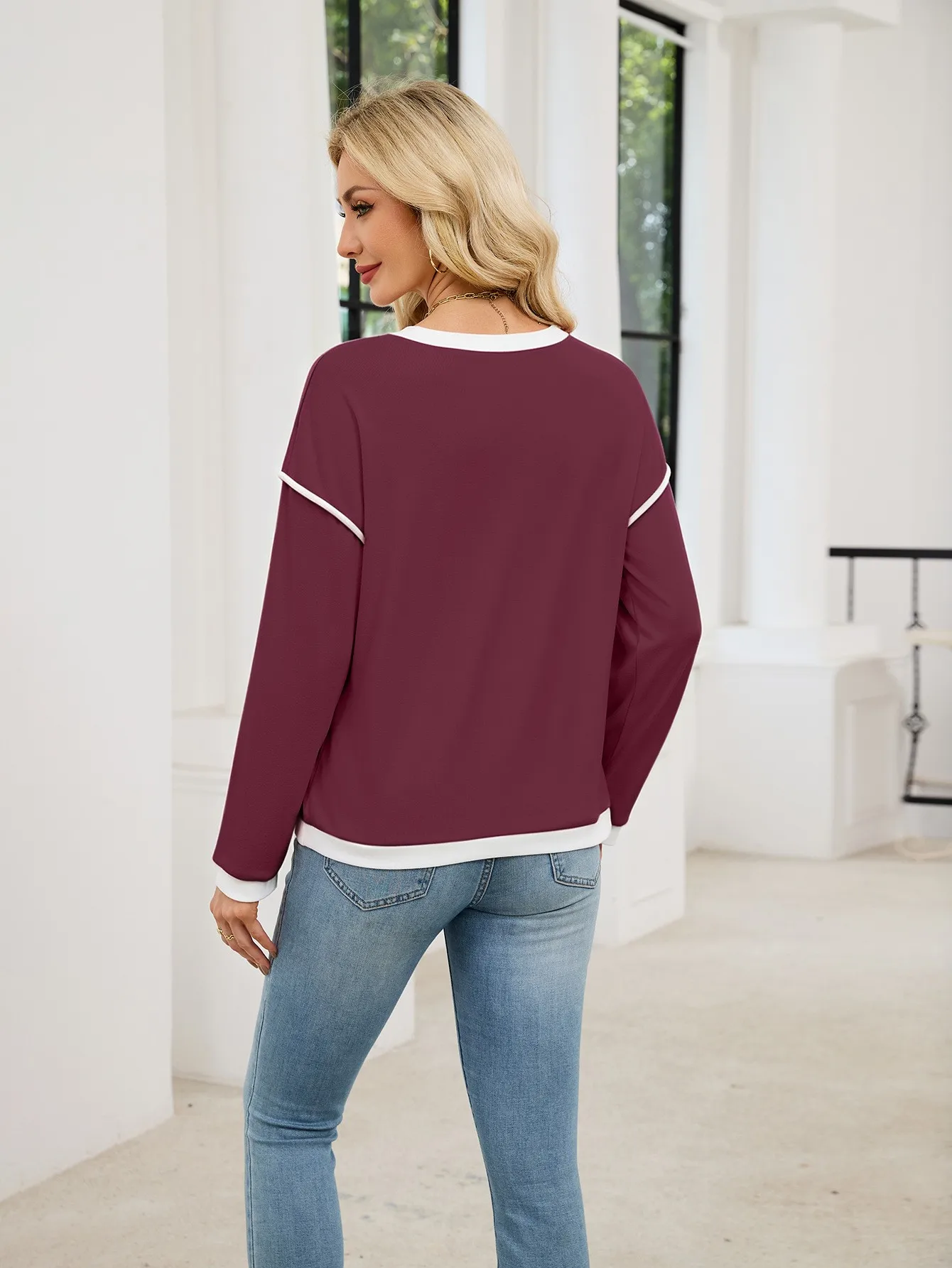 Casual Crew Neck Hoodie Loose Fit American and European Style with Long Sleeve Patchwork Regular Length Pullover for Women