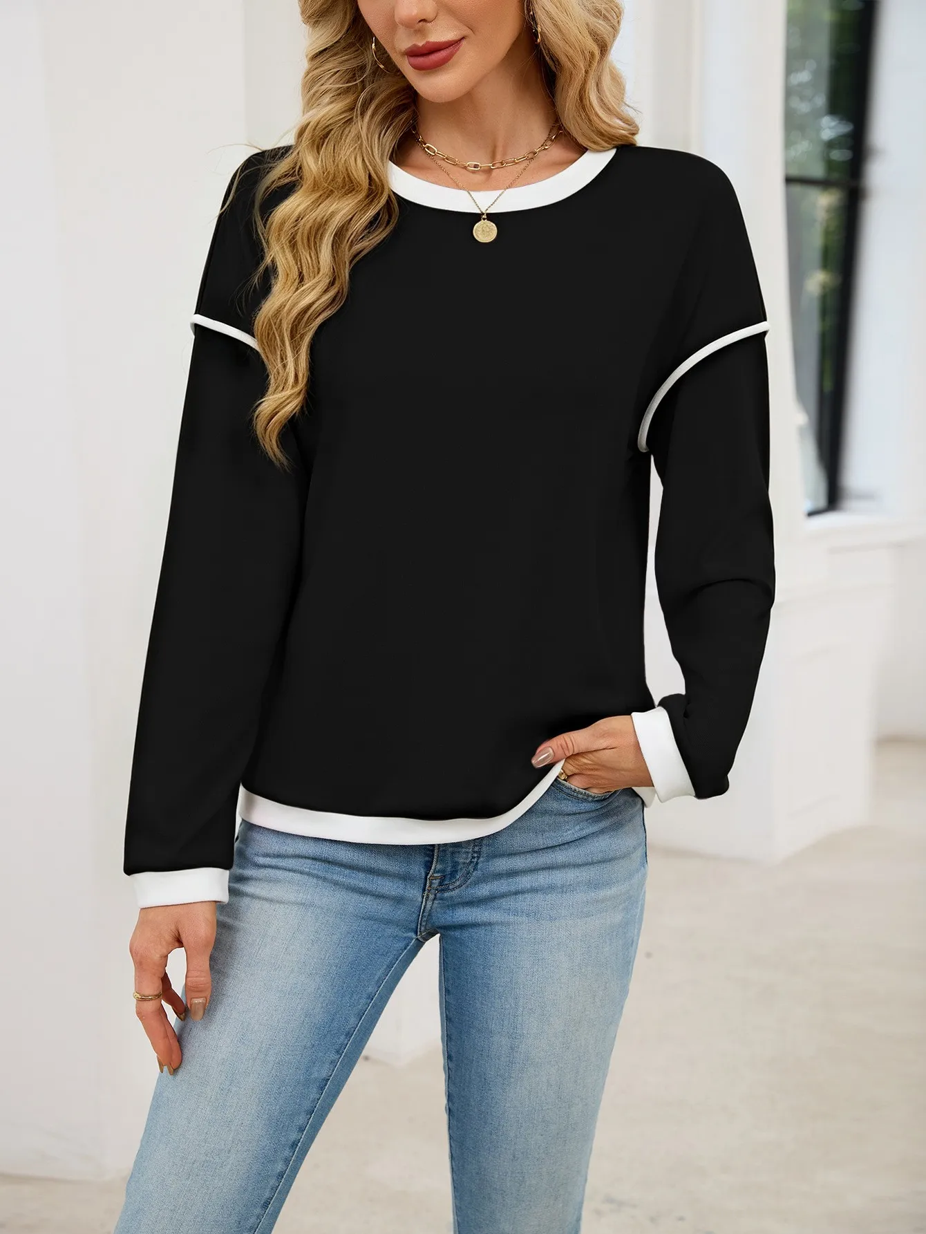 Casual Crew Neck Hoodie Loose Fit American and European Style with Long Sleeve Patchwork Regular Length Pullover for Women