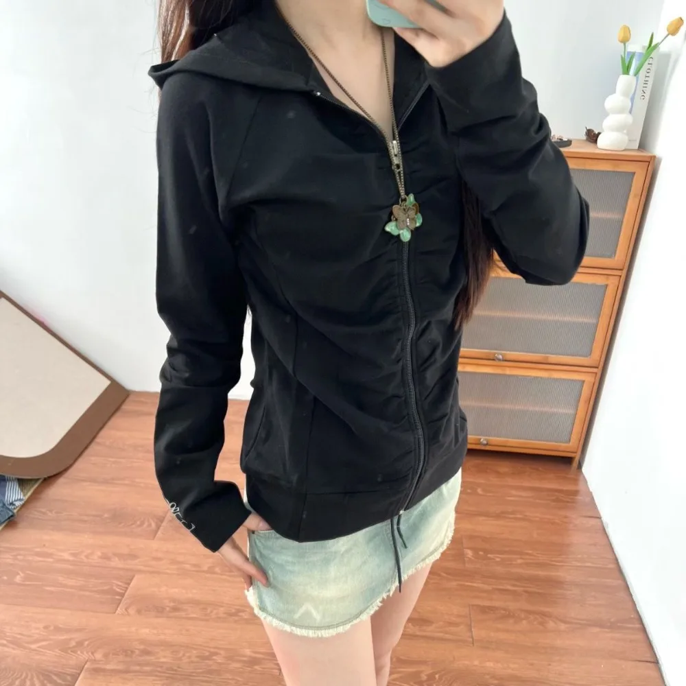 Y2K Retro Casual Pleated Sweatshirt Women Harajuku Black Slim Zip Up Hooded Jacket Long Sleeve Hoodie Gothic Yoga Workout Hoodie