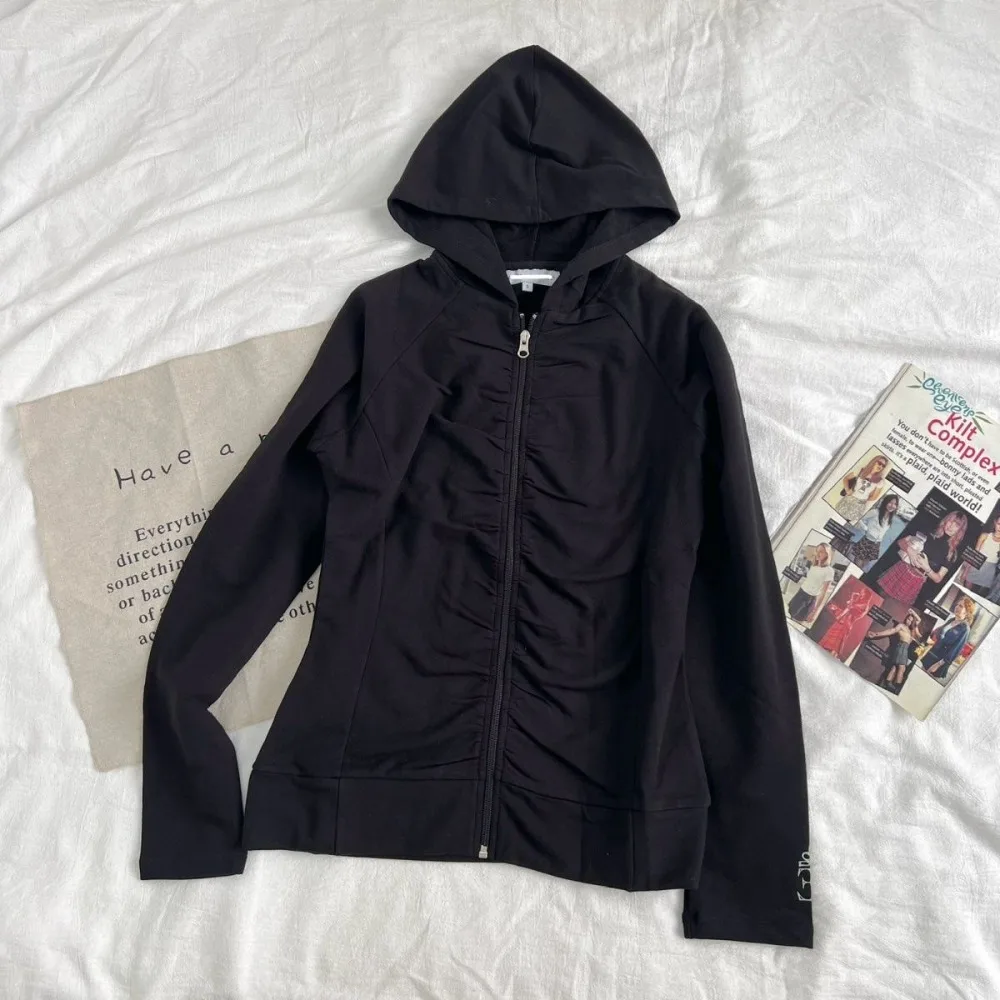 Y2K Retro Casual Pleated Sweatshirt Women Harajuku Black Slim Zip Up Hooded Jacket Long Sleeve Hoodie Gothic Yoga Workout Hoodie