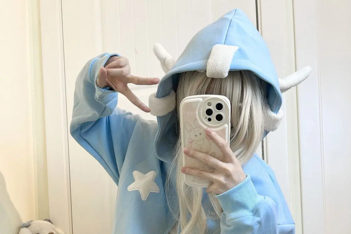Japanese Dopamine Cute Star Printed Angel Wings Women's Hoodie Autumn American Trendy Street Style Spicy Girl Creative Coat