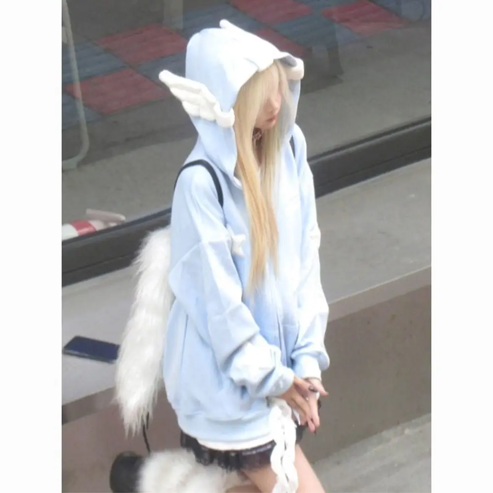 Japanese Dopamine Cute Star Printed Angel Wings Women's Hoodie Autumn American Trendy Street Style Spicy Girl Creative Coat