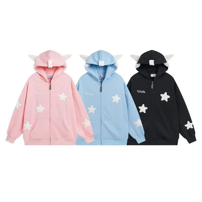 Japanese Dopamine Cute Star Printed Angel Wings Women's Hoodie Autumn American Trendy Street Style Spicy Girl Creative Coat