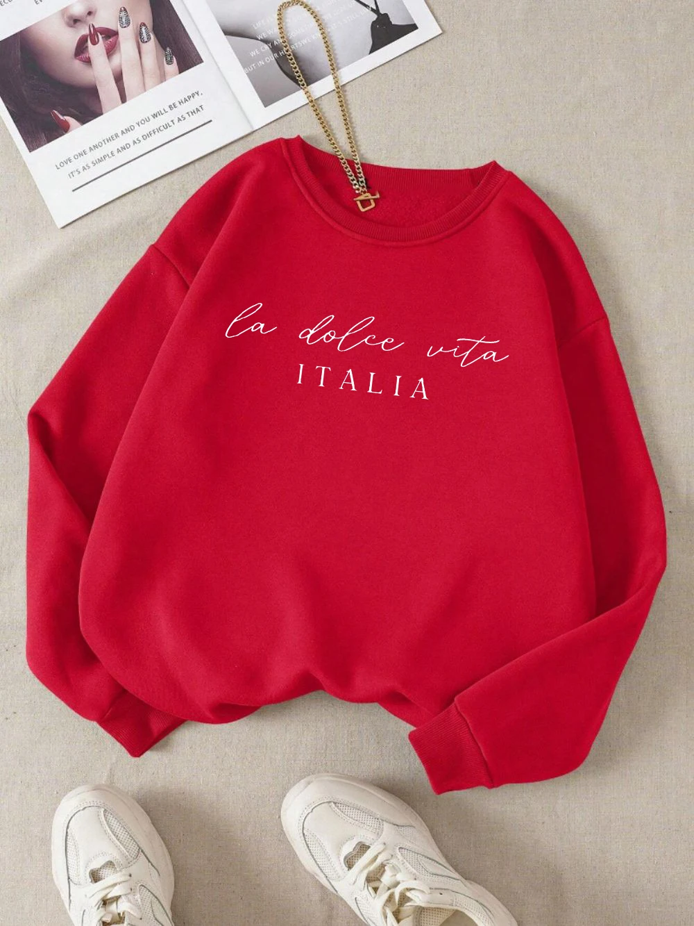 La Dolce Vita Italia Printed Womens Sweatshirt Crewneck Y2K Loose Clothing Multicolor Casual Pullover Fleece All-Match Top