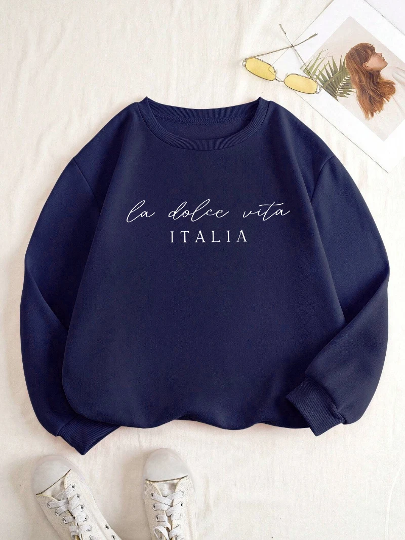 La Dolce Vita Italia Printed Womens Sweatshirt Crewneck Y2K Loose Clothing Multicolor Casual Pullover Fleece All-Match Top