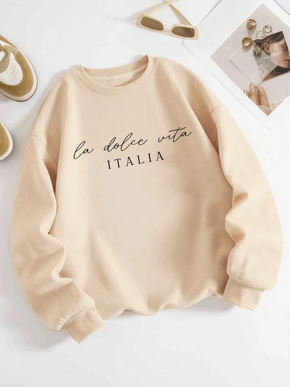 La Dolce Vita Italia Printed Womens Sweatshirt Crewneck Y2K Loose Clothing Multicolor Casual Pullover Fleece All-Match Top