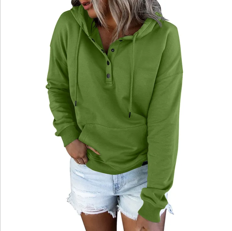 2023 Fashion Trend Long Sleeve Loose Casual V-collar Button Hooded Drawstring Pocket Hoodie