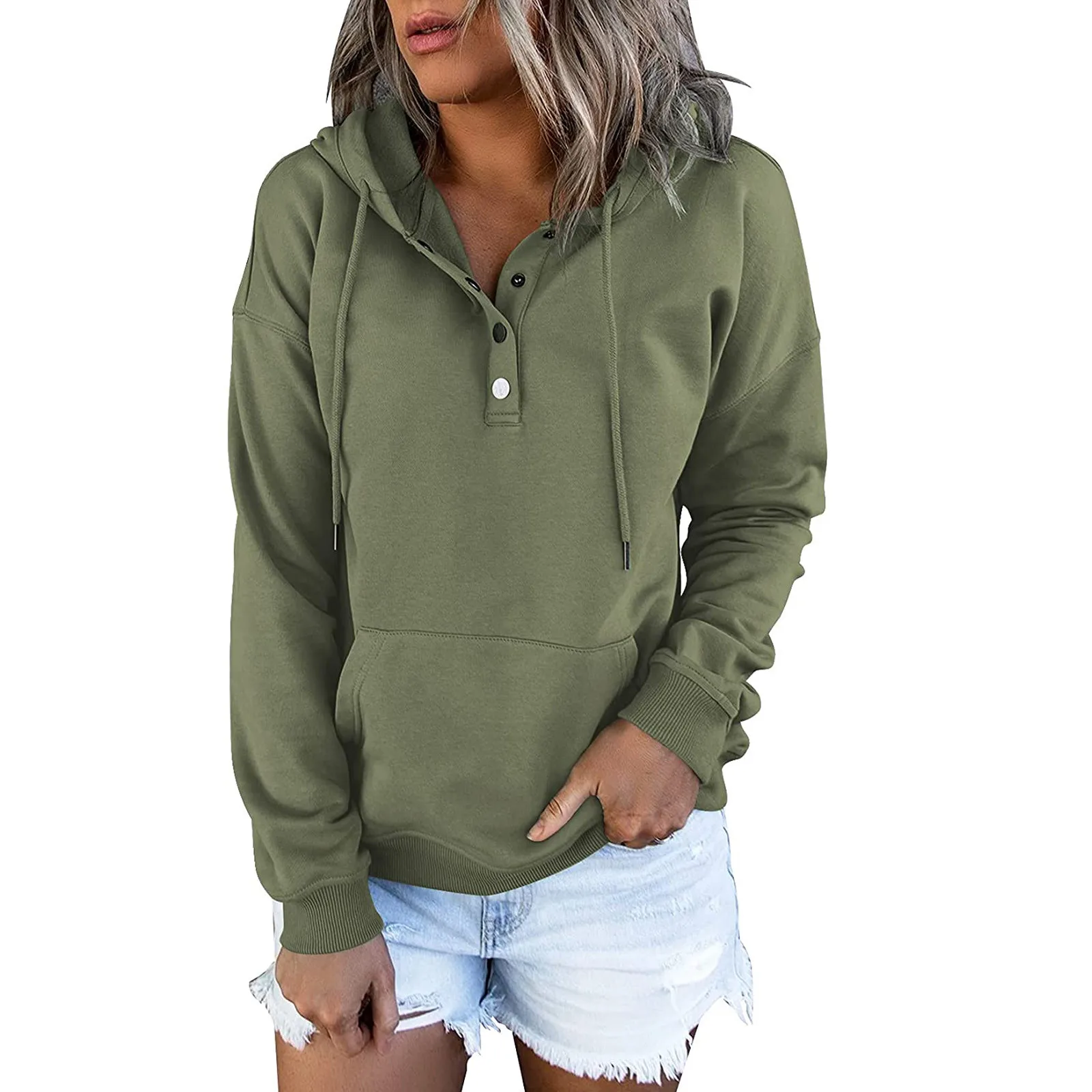2023 Fashion Trend Long Sleeve Loose Casual V-collar Button Hooded Drawstring Pocket Hoodie