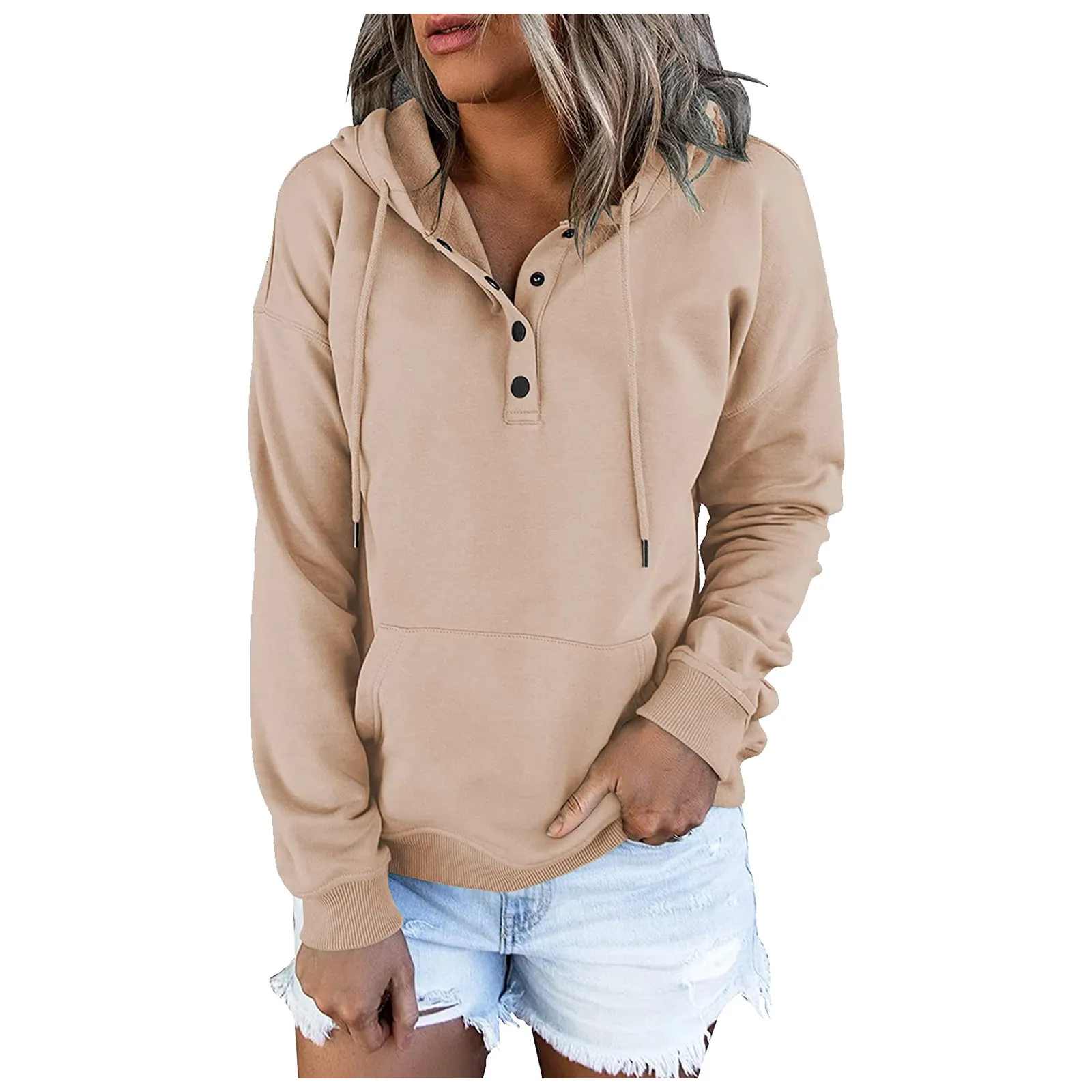 2023 Fashion Trend Long Sleeve Loose Casual V-collar Button Hooded Drawstring Pocket Hoodie