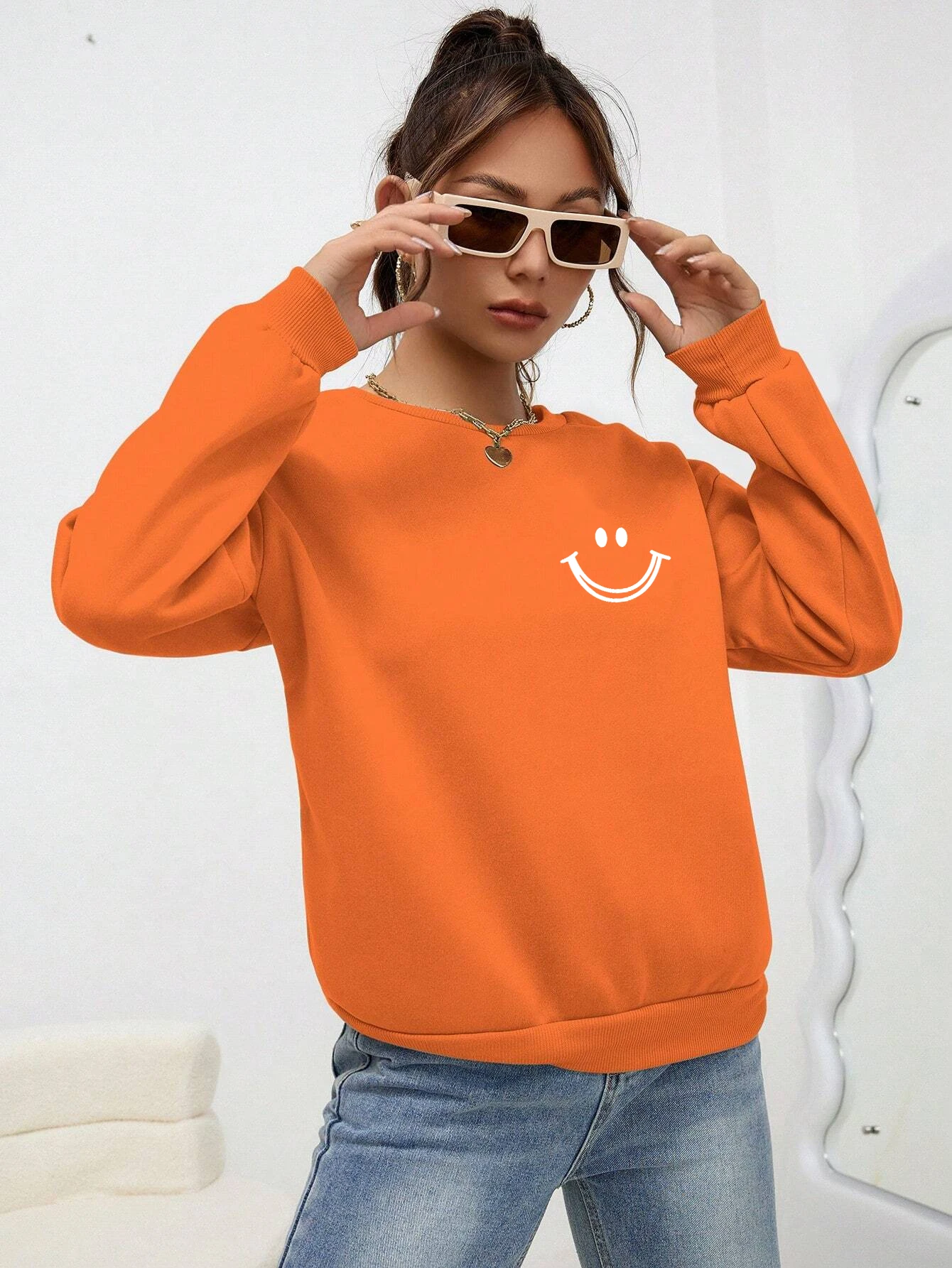 Smiling Face Printing Tops Women Fashion O-Neck Sweatshirt Autumn Fleece Casual Tracksuit Hip Hop Loose Versatile Clothes Female