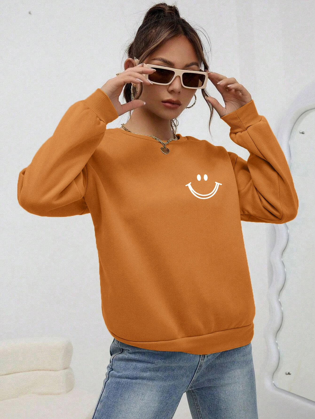 Smiling Face Printing Tops Women Fashion O-Neck Sweatshirt Autumn Fleece Casual Tracksuit Hip Hop Loose Versatile Clothes Female
