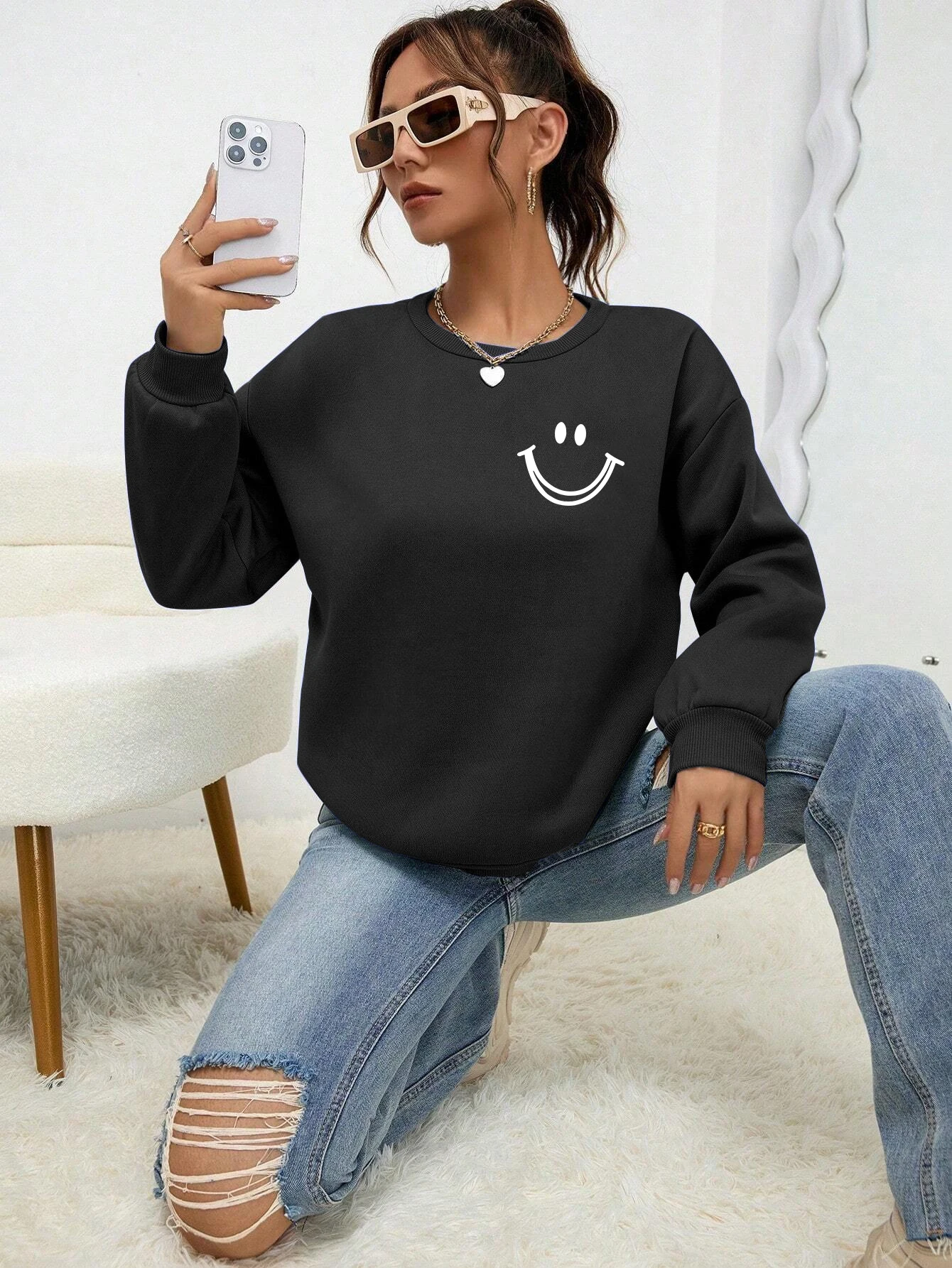 Smiling Face Printing Tops Women Fashion O-Neck Sweatshirt Autumn Fleece Casual Tracksuit Hip Hop Loose Versatile Clothes Female