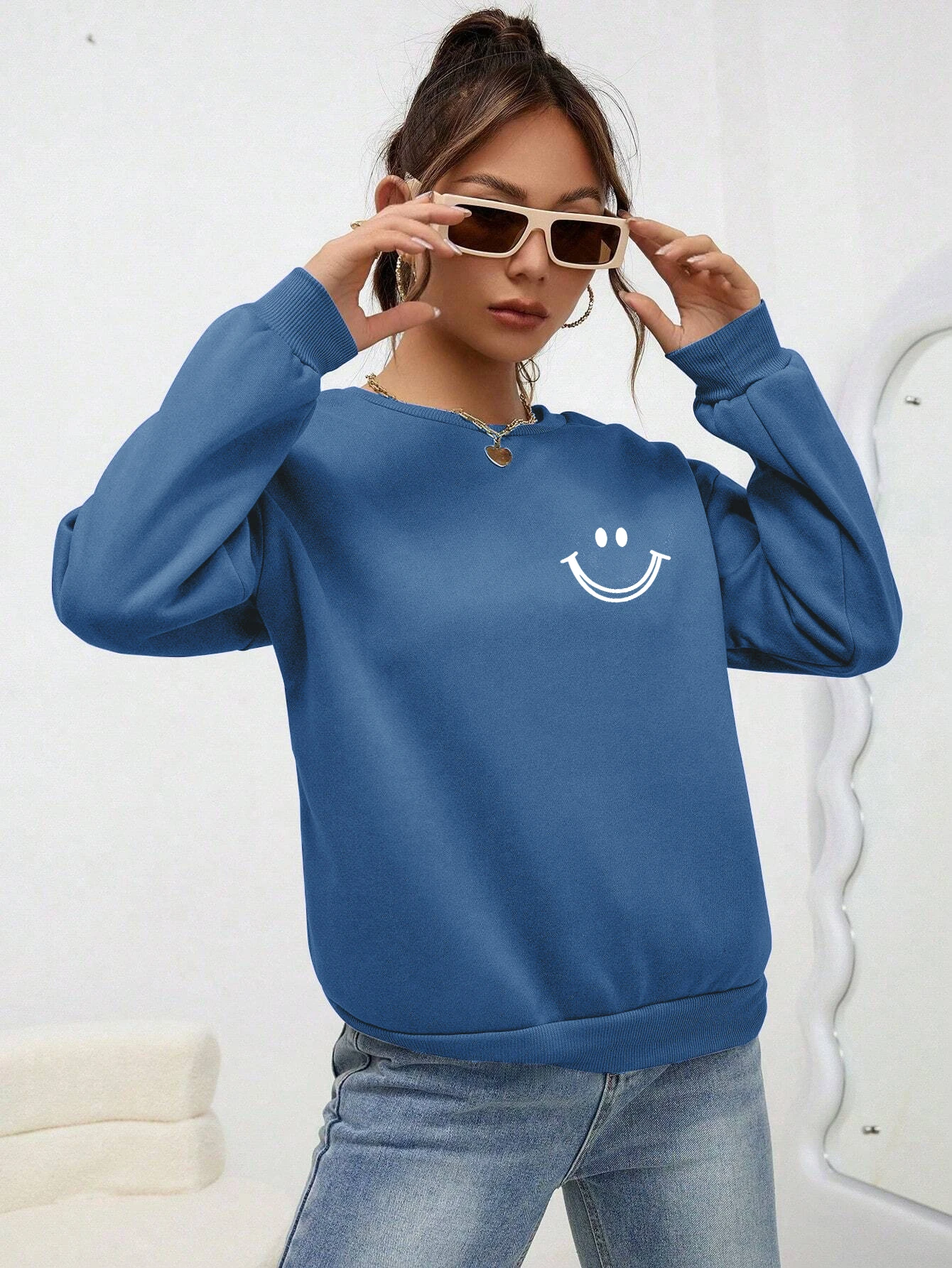 Smiling Face Printing Tops Women Fashion O-Neck Sweatshirt Autumn Fleece Casual Tracksuit Hip Hop Loose Versatile Clothes Female