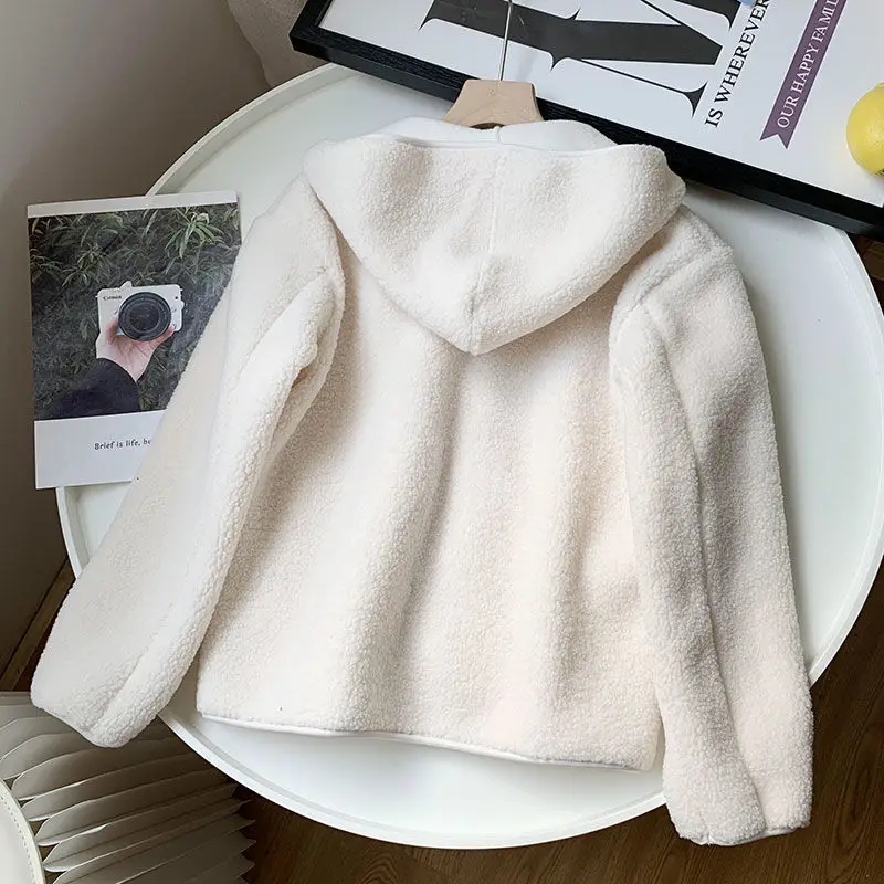New Autumn Winter Imitation Lamb Wool Coat Women Warm Polar Fleece Thicken Hooded Short Outerwear Woman Loose Cardigan Tops