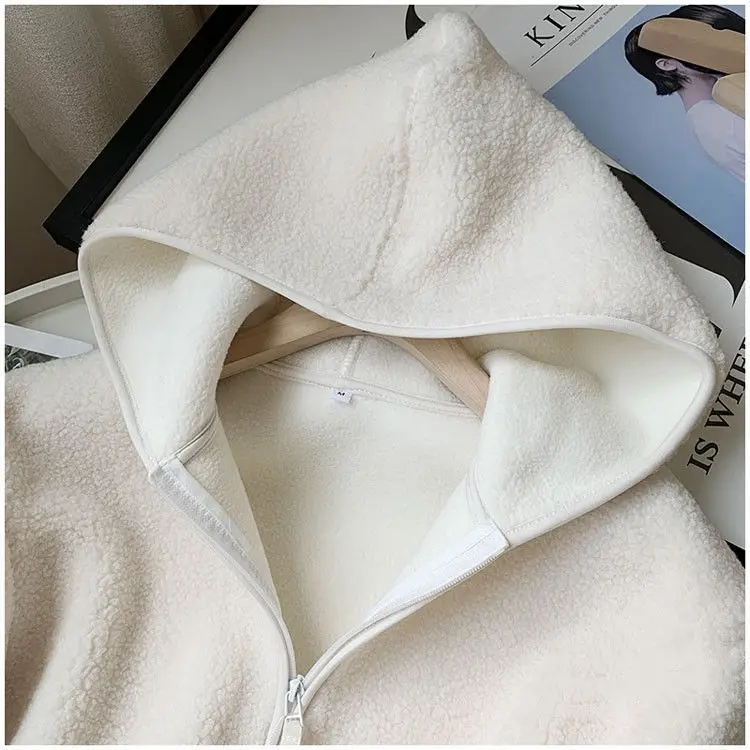 New Autumn Winter Imitation Lamb Wool Coat Women Warm Polar Fleece Thicken Hooded Short Outerwear Woman Loose Cardigan Tops