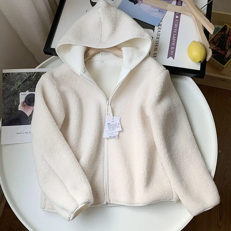 New Autumn Winter Imitation Lamb Wool Coat Women Warm Polar Fleece Thicken Hooded Short Outerwear Woman Loose Cardigan Tops