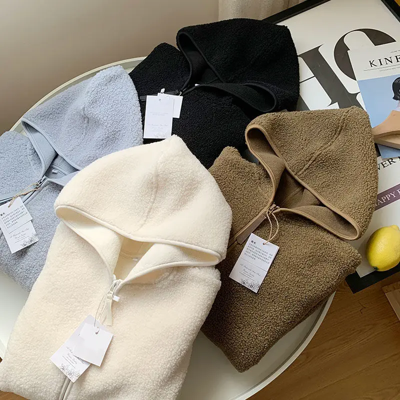 New Autumn Winter Imitation Lamb Wool Coat Women Warm Polar Fleece Thicken Hooded Short Outerwear Woman Loose Cardigan Tops