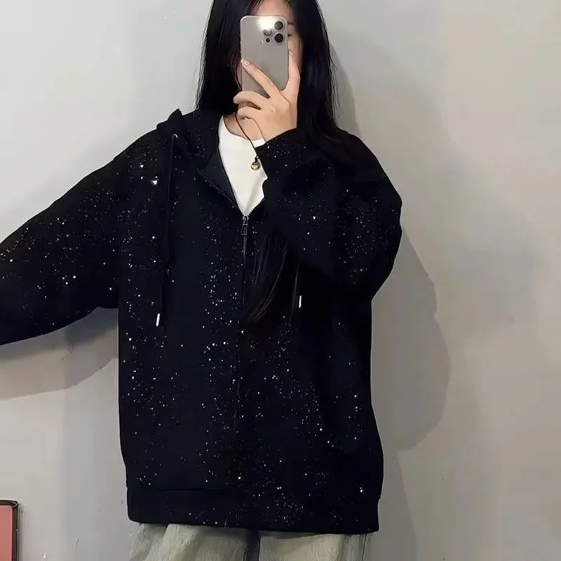 Sparkling New Men's And Women's Casual Starry Sky Jacket, Spring Autumn High Street Hot Item, Versatile Loose Hooded Sweatshirt