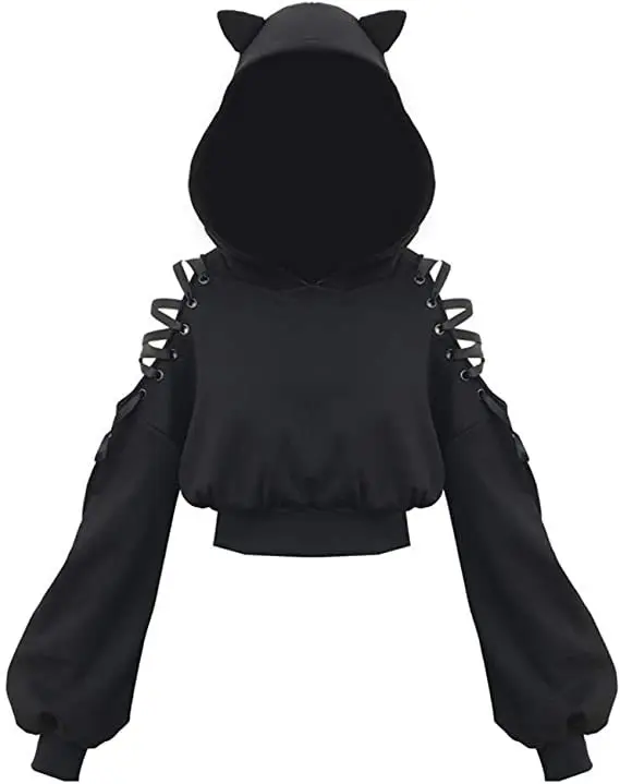 Y2k Gothic Womens Hoodie Cat Ear Crop Top Hooded Sweatshirt Hollow Out Lace Up Long Sleeve Hodded Sping Autumn Casual Pullover