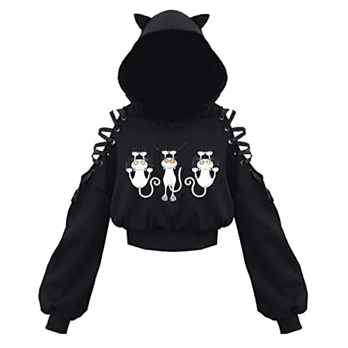 Y2k Gothic Womens Hoodie Cat Ear Crop Top Hooded Sweatshirt Hollow Out Lace Up Long Sleeve Hodded Sping Autumn Casual Pullover