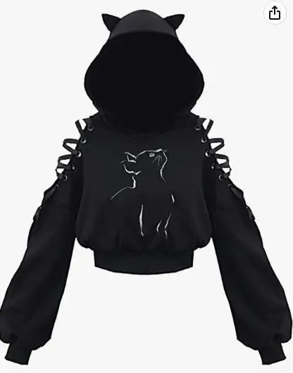 Y2k Gothic Womens Hoodie Cat Ear Crop Top Hooded Sweatshirt Hollow Out Lace Up Long Sleeve Hodded Sping Autumn Casual Pullover