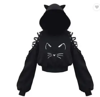 Y2k Gothic Womens Hoodie Cat Ear Crop Top Hooded Sweatshirt Hollow Out Lace Up Long Sleeve Hodded Sping Autumn Casual Pullover