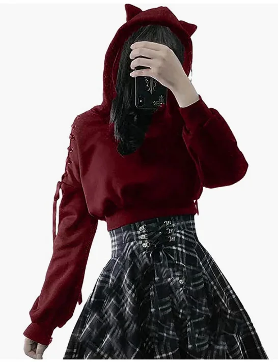 Y2k Gothic Womens Hoodie Cat Ear Crop Top Hooded Sweatshirt Hollow Out Lace Up Long Sleeve Hodded Sping Autumn Casual Pullover