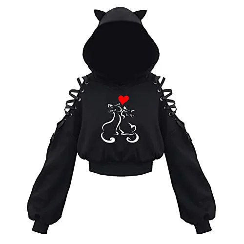 Y2k Gothic Womens Hoodie Cat Ear Crop Top Hooded Sweatshirt Hollow Out Lace Up Long Sleeve Hodded Sping Autumn Casual Pullover