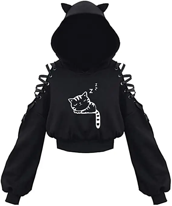 Y2k Gothic Womens Hoodie Cat Ear Crop Top Hooded Sweatshirt Hollow Out Lace Up Long Sleeve Hodded Sping Autumn Casual Pullover