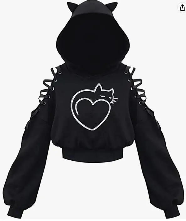 Y2k Gothic Womens Hoodie Cat Ear Crop Top Hooded Sweatshirt Hollow Out Lace Up Long Sleeve Hodded Sping Autumn Casual Pullover