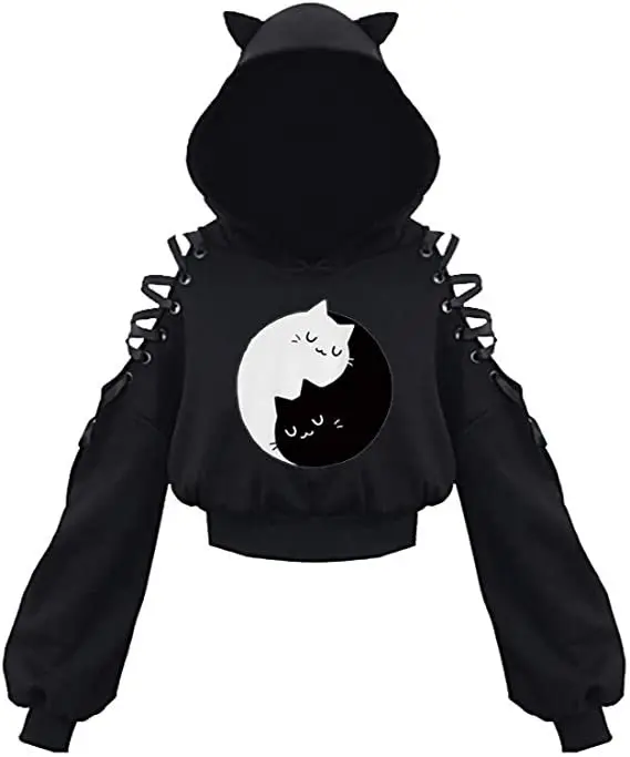 Y2k Gothic Womens Hoodie Cat Ear Crop Top Hooded Sweatshirt Hollow Out Lace Up Long Sleeve Hodded Sping Autumn Casual Pullover