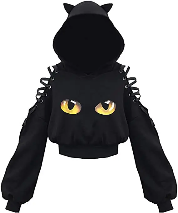 Y2k Gothic Womens Hoodie Cat Ear Crop Top Hooded Sweatshirt Hollow Out Lace Up Long Sleeve Hodded Sping Autumn Casual Pullover