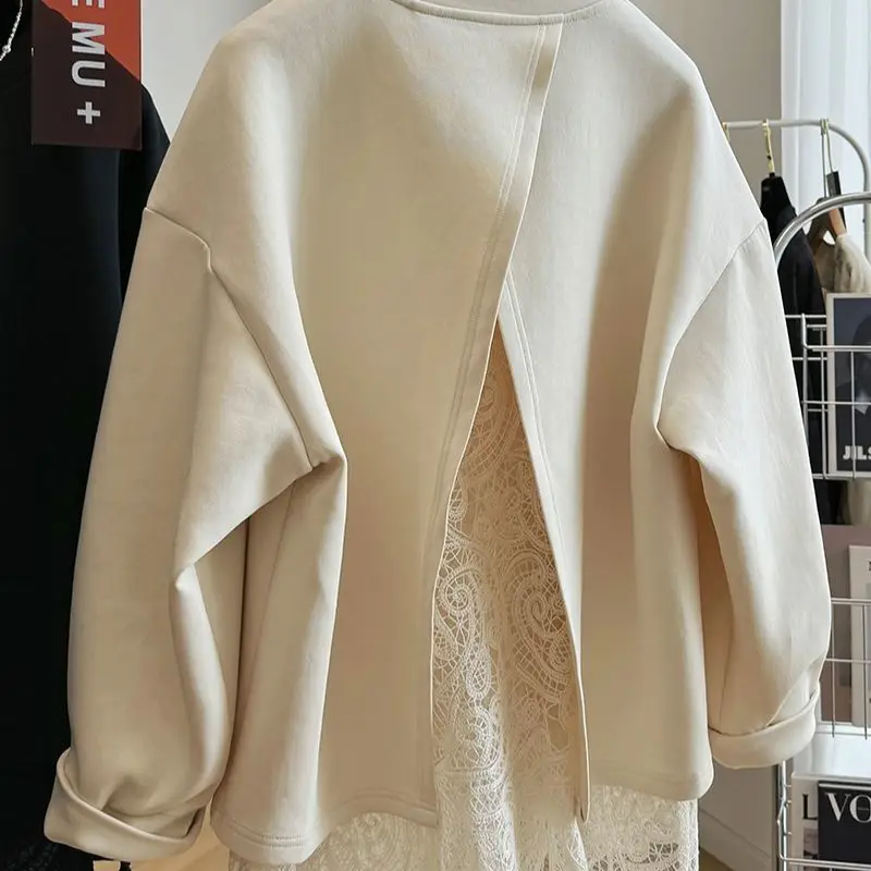 Lace Patchwork Fake Two-piece Pullover Spring Autumn Lazy O-neck Sweatshirts Mujer American Loose All-match Top for Women