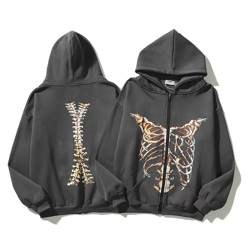 Y2K Gothic Skeleton Print Bones Zip Hoodie Women Harajuku Hip Hop Oversized Jacket Fall Winter Vintage Loose Hooded Sweatshirts