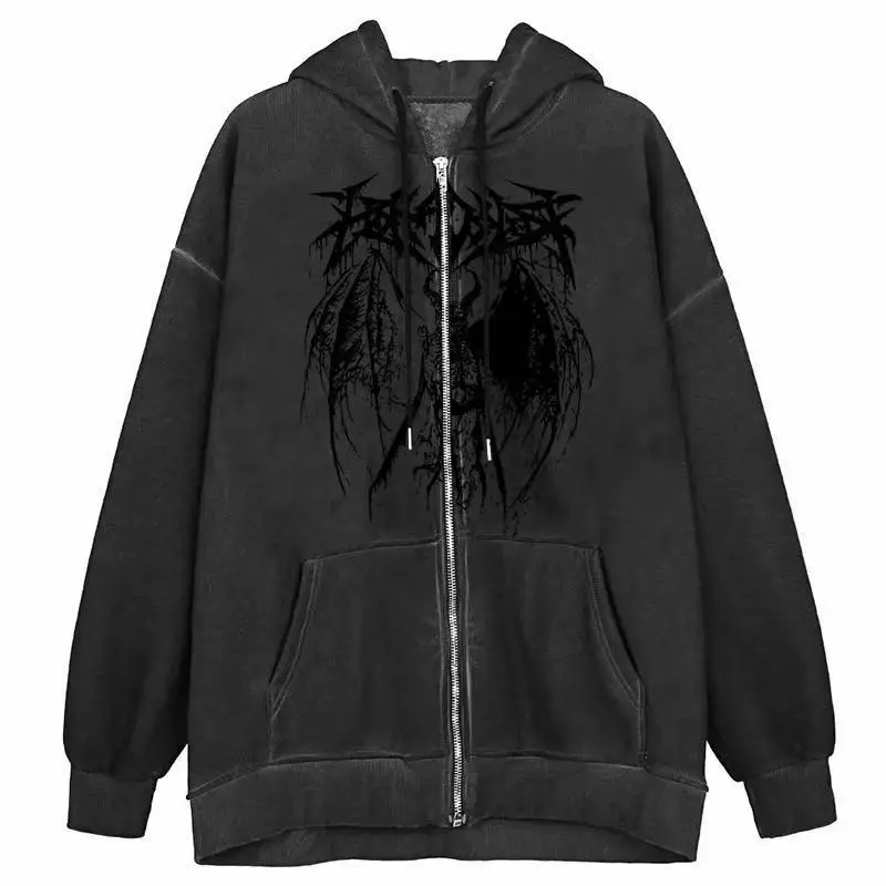 Y2K Gothic Skeleton Print Bones Zip Hoodie Women Harajuku Hip Hop Oversized Jacket Fall Winter Vintage Loose Hooded Sweatshirts