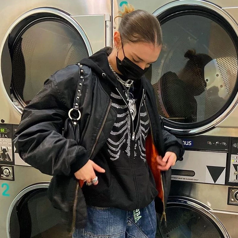 Y2K Gothic Skeleton Print Bones Zip Hoodie Women Harajuku Hip Hop Oversized Jacket Fall Winter Vintage Loose Hooded Sweatshirts