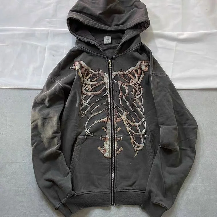 Y2K Gothic Skeleton Print Bones Zip Hoodie Women Harajuku Hip Hop Oversized Jacket Fall Winter Vintage Loose Hooded Sweatshirts