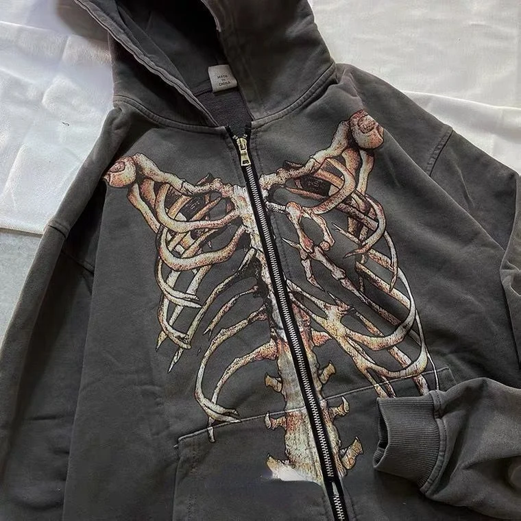 Y2K Gothic Skeleton Print Bones Zip Hoodie Women Harajuku Hip Hop Oversized Jacket Fall Winter Vintage Loose Hooded Sweatshirts