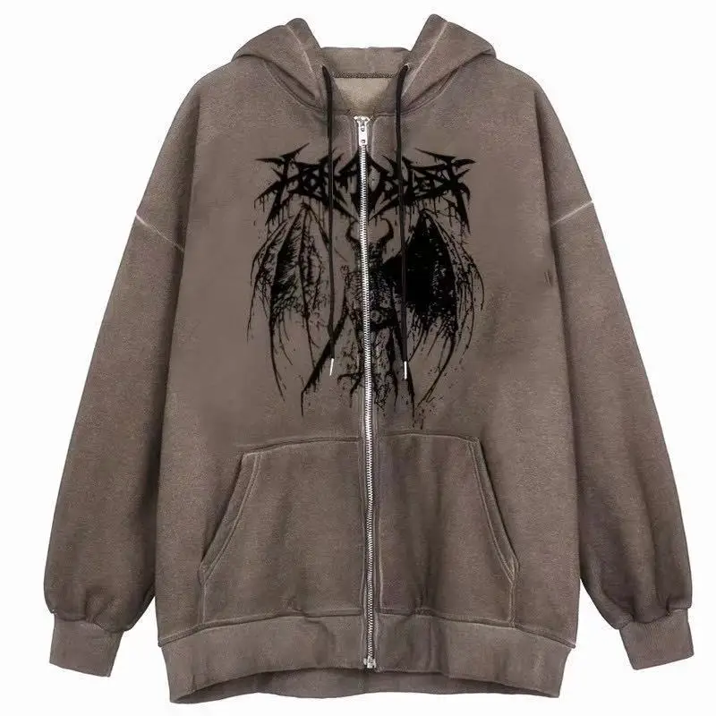 Y2K Gothic Skeleton Print Bones Zip Hoodie Women Harajuku Hip Hop Oversized Jacket Fall Winter Vintage Loose Hooded Sweatshirts