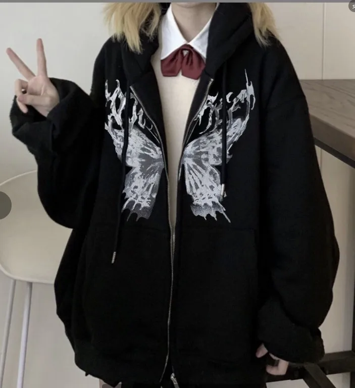 Y2K Gothic Skeleton Print Bones Zip Hoodie Women Harajuku Hip Hop Oversized Jacket Fall Winter Vintage Loose Hooded Sweatshirts