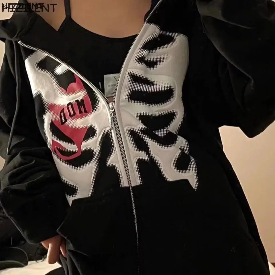 Y2K Gothic Skeleton Print Bones Zip Hoodie Women Harajuku Hip Hop Oversized Jacket Fall Winter Vintage Loose Hooded Sweatshirts