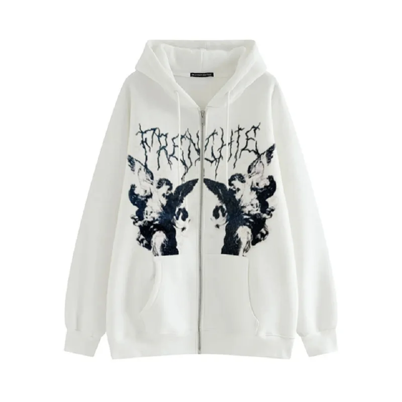 Y2K Gothic Skeleton Print Bones Zip Hoodie Women Harajuku Hip Hop Oversized Jacket Fall Winter Vintage Loose Hooded Sweatshirts