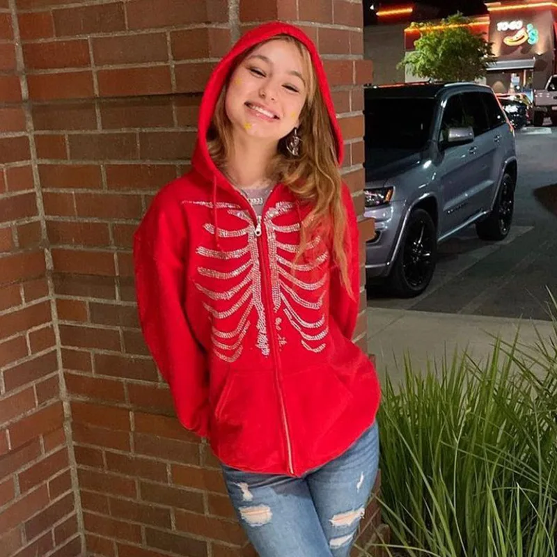 Y2K Gothic Skeleton Print Bones Zip Hoodie Women Harajuku Hip Hop Oversized Jacket Fall Winter Vintage Loose Hooded Sweatshirts