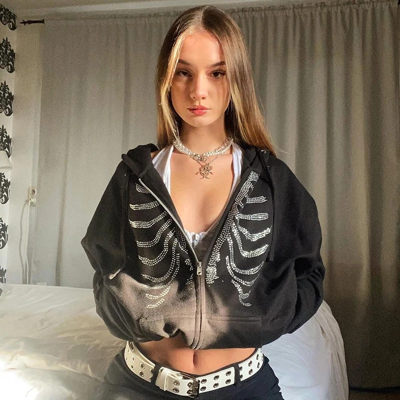 Y2K Gothic Skeleton Print Bones Zip Hoodie Women Harajuku Hip Hop Oversized Jacket Fall Winter Vintage Loose Hooded Sweatshirts