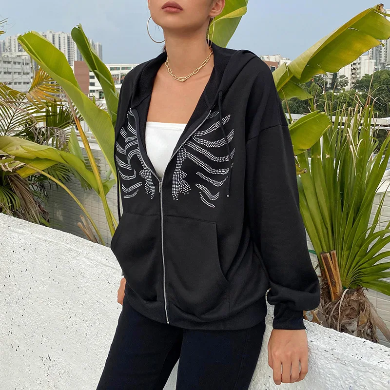 Y2K Gothic Skeleton Print Bones Zip Hoodie Women Harajuku Hip Hop Oversized Jacket Fall Winter Vintage Loose Hooded Sweatshirts