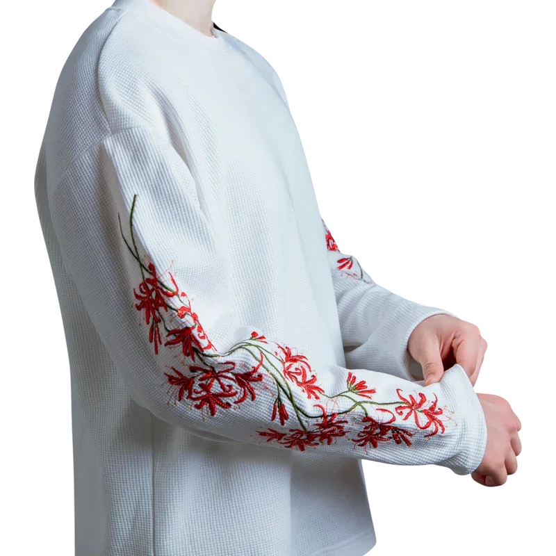 Y2K Streetwear Trend Higan Flower Embroidered Long Sleeved Hip Hop Retro Harajuku Waffle T Shirt Couple Punk Loose Sweatshirt